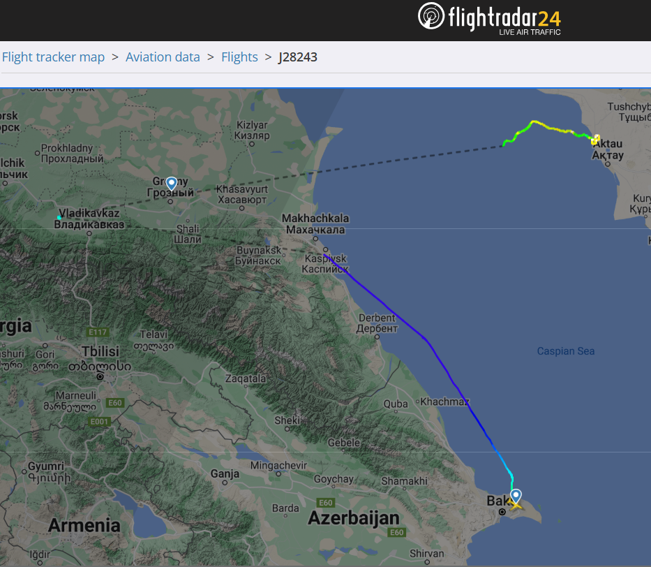 Daten von flightradar24 zum Flug Baku-Grozny 